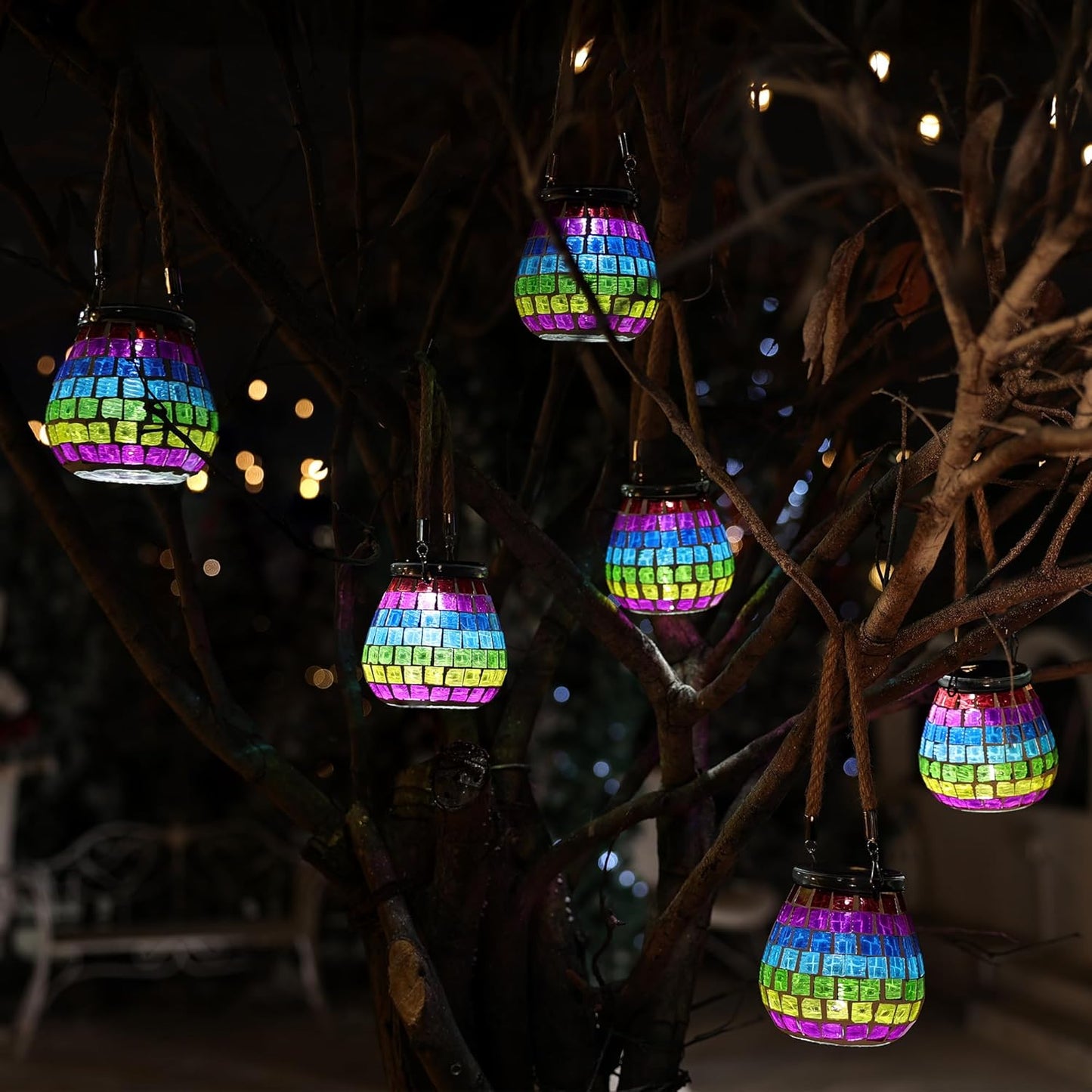 Cooo 2 Pack Mosaic Solar Lantern Outdoor Waterproof IP68 Hanging Projection Light Hidden Lid Pear-Shaped Lantern with Rope Handle Solar Powered Auto On for Patio Garden Fence Table - Neon Mosaic