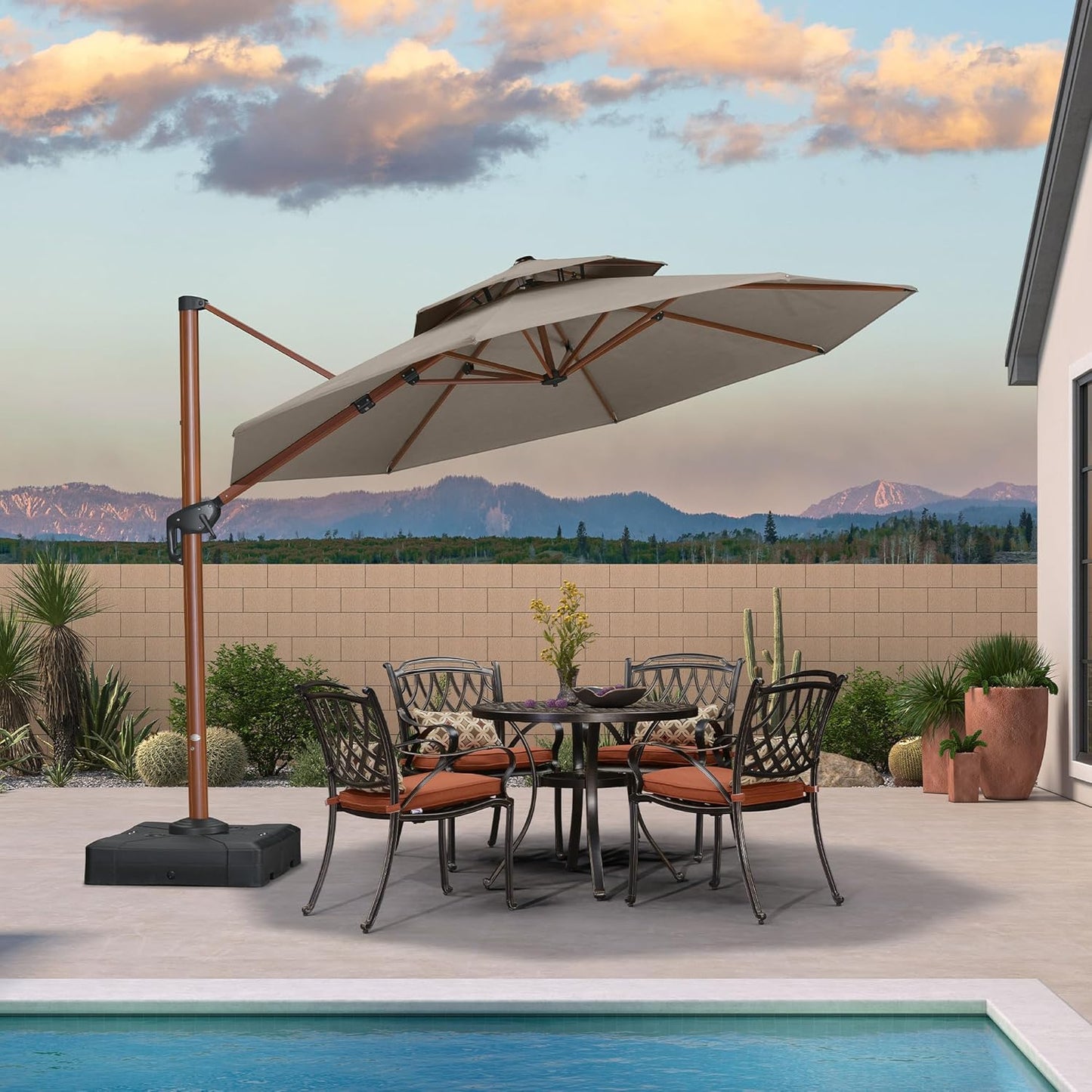 PURPLE LEAF 11ft Patio Large Cantilever Umbrella Outdoor Round Wood Umbrellas Offset Umbrella Heavy Duty Sun Umbrellas for Garden Deck Pool, Heather Taupe