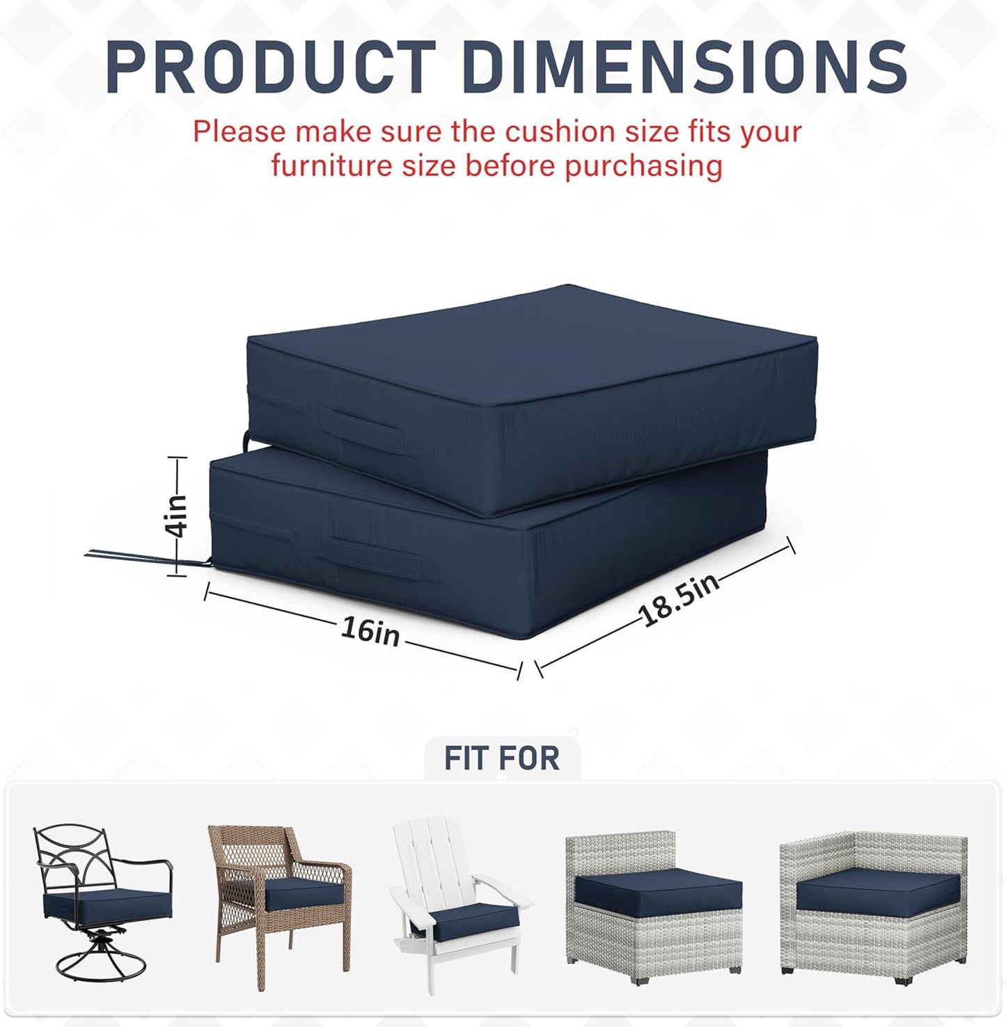 Patio Chair Cushions 18.5 X 16 X 4 Inch Waterproof Outdoor Seat Cushions for Patio Furniture, Outdoor Sofa Couch Pads with Ties & Handle, Set of 2, Navy Blue