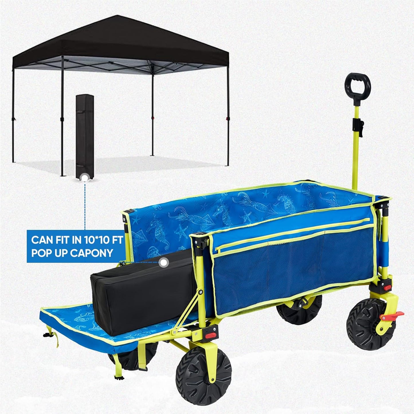 49" L Extra Long Beach Wagon with Tailgate,Big Wheels with Brake for Sand, Collapsible Utility Beach Cart Heavy Duty Folding Wagon,Ideal for Outdoor Sand Camping Garden Pet