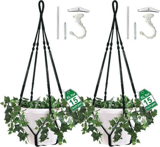 2 Pack Giant XXL 55 Inches Macrame Planter Hanger Large for 15 inch Pot + Swag Hook | Extra Large Hanging Planter for Indoor Plants | No Pot/Plant Included (XXL Black)