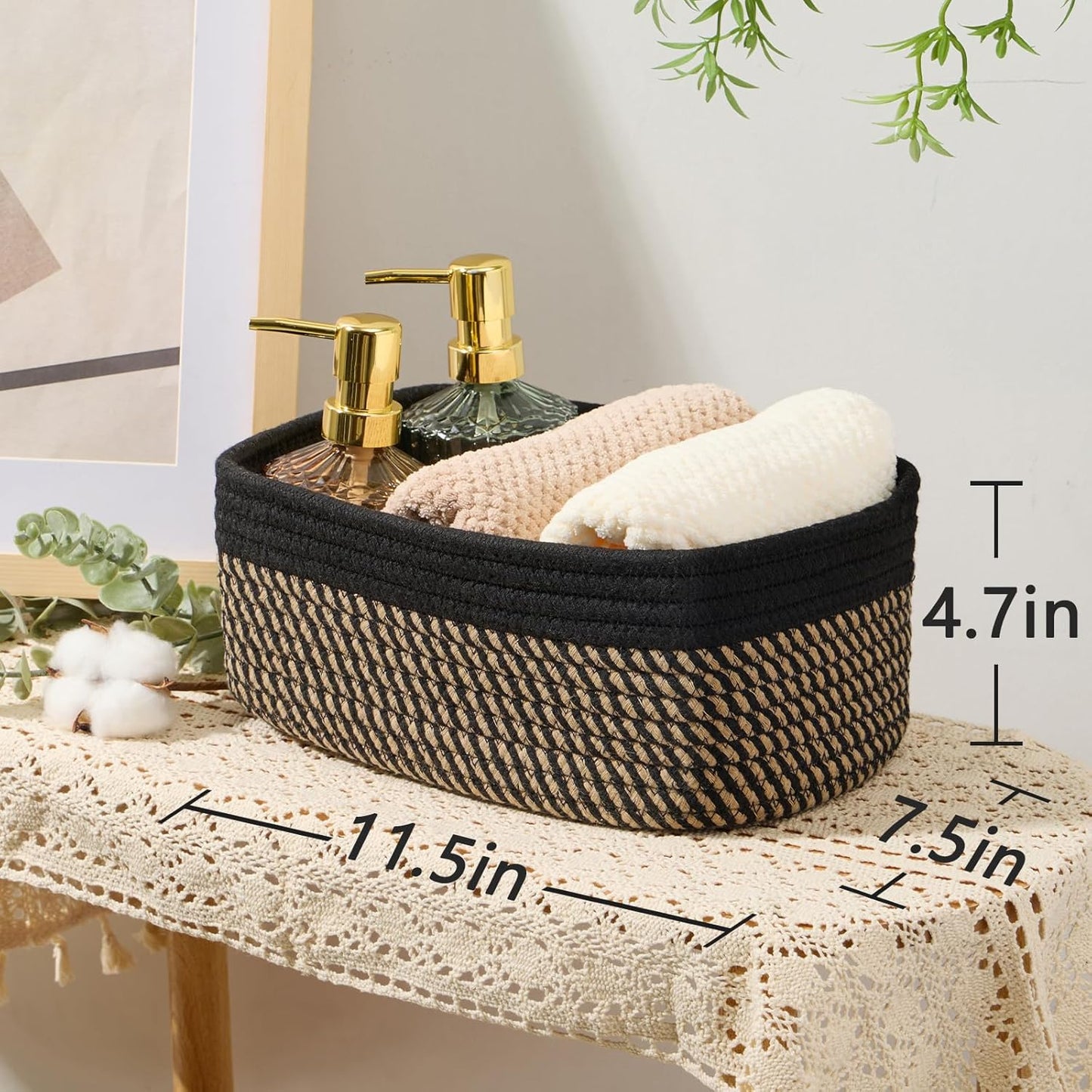 Small Storage Baskets for Organizing | Closet Organizer Bins | Shelf Toy Basket | Woven Rope Baskets | Cube Decorative Box | Shallow Basket | 11.5x7.5x4.7” | 3 Packs Black Brown