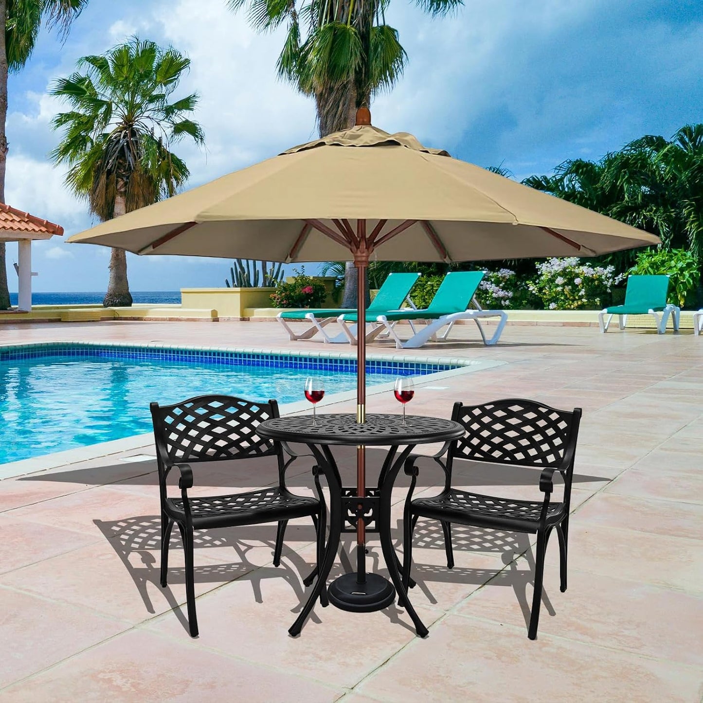 Outdoor Bistro Set 3 Piece, All Weather Bistro Table and Chairs Set, Cast Aluminum Patio Bistro Sets with 2.36" Umbrella Hole, Patio Furniture Set for Garden Porch