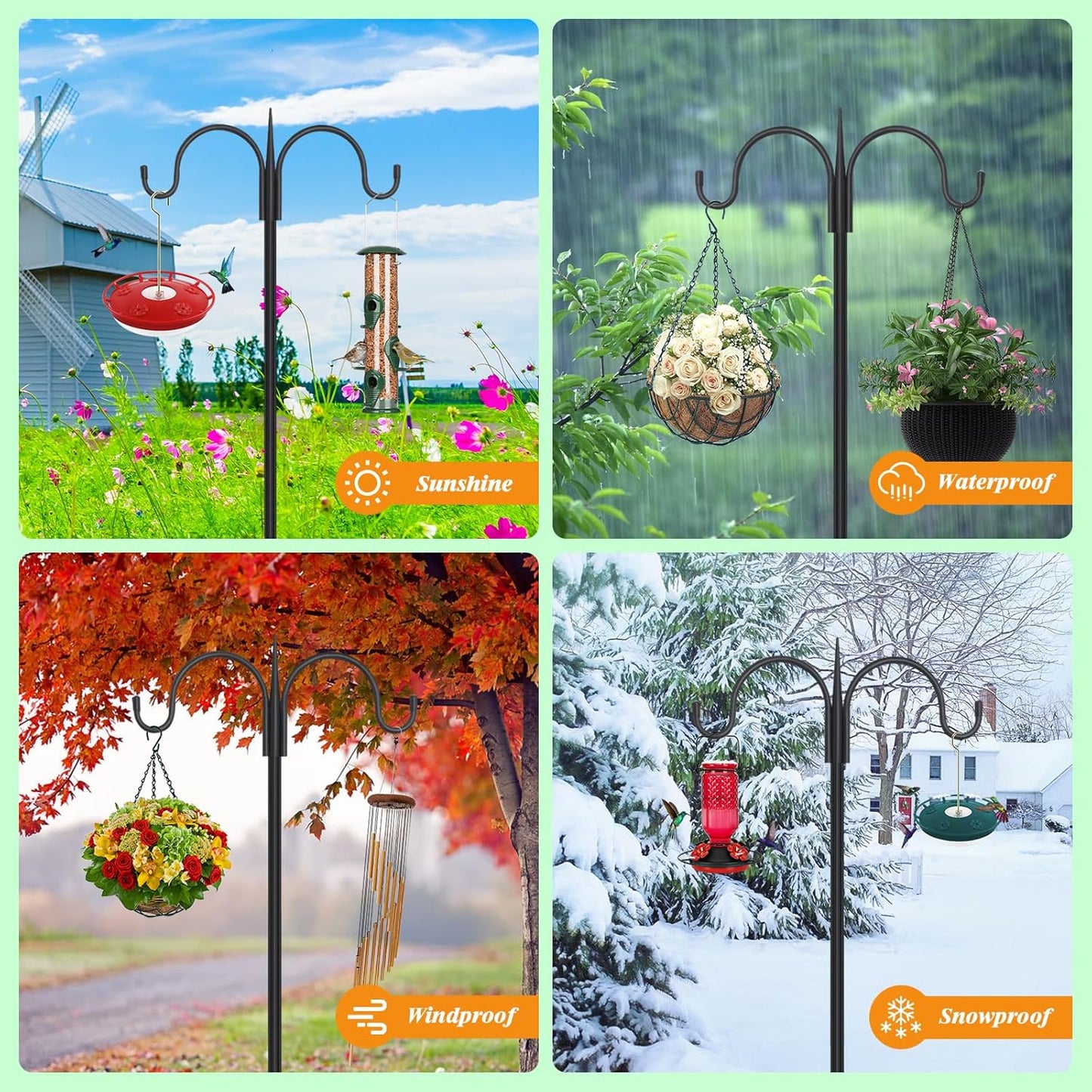 FEED GARDEN Adjustable Double Shepherds Hook for Outdoor with 5 Prong Base 92 Inch Heavy Duty Two Sided Bird Feeder Pole for Hanging Plant Baskets, Solar Light Lanterns, Wind Chimes