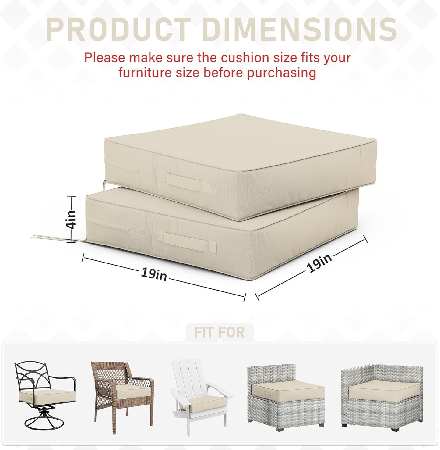 Patio Chair Cushions 19 X 19 X 4 Inch Waterproof Outdoor Seat Cushions for Patio Furniture, Outdoor Sofa Couch Pads with Ties & Handle, Set of 2, Cream