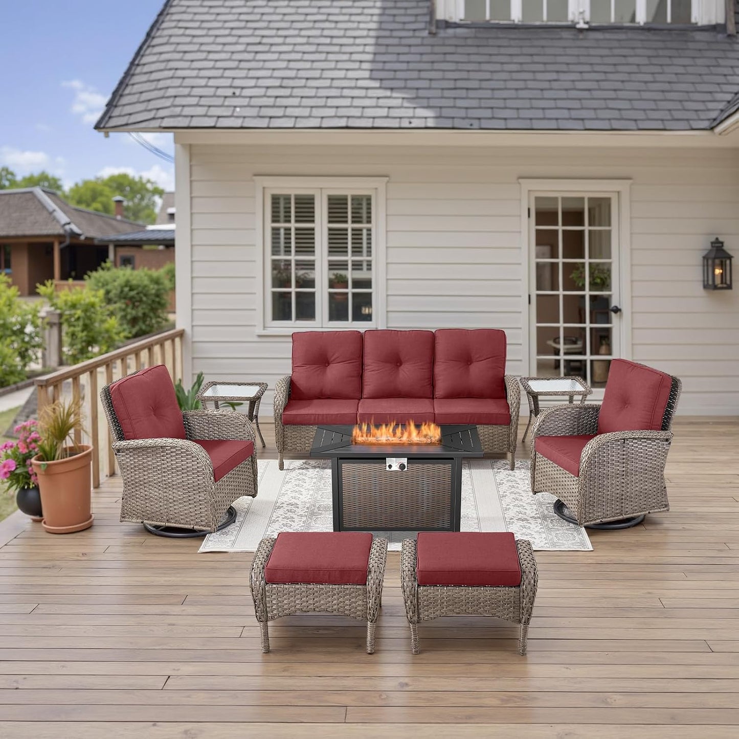 8 Piece Patio Furniture Set with 50000 BTU Propane Fire Pit Table, Outdoor Conversation Set with 2 Swivel Rocker Chairs Wicker Sofa and Ottomans for Casual Gatherings Red Cushion