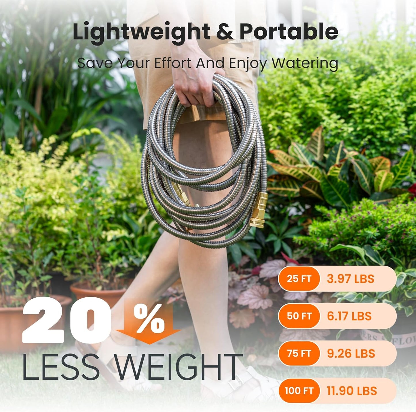 Girafe Tools Garden Hose 25ft x 5/8", 304 Stainless Steel Metal Water Hose, No Kink Garden Water Hose with 9 Pattern Spray Nozzle, Flexible, Lightweight, Kink Free Hose for Yard, Outdoor