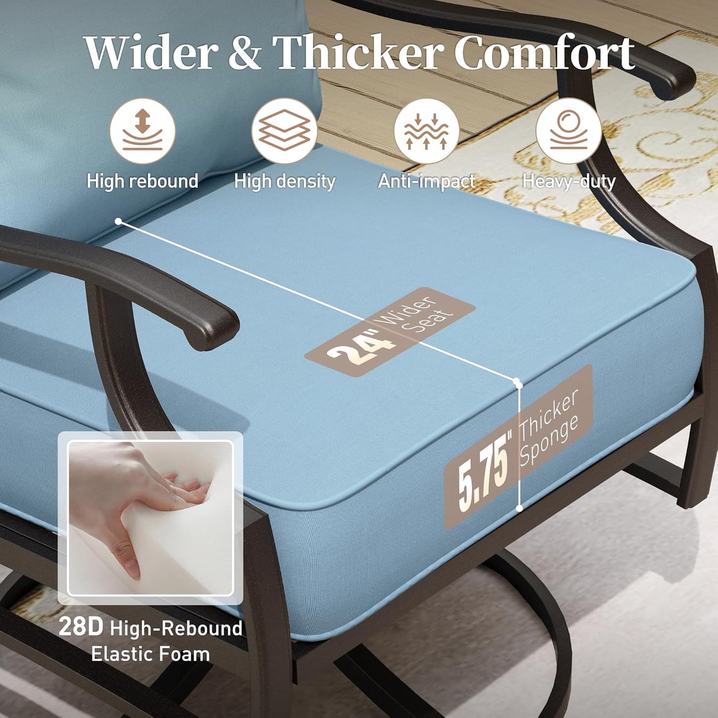 Metal Patio Chairs Set of 2 with 5.75" Extra Thick Cushion, 2 Pieces High Back Outdoor Patio Chairs All Weather Outdoor Furniture Seating for Deck Backyard Balcony Front Porch, Blue