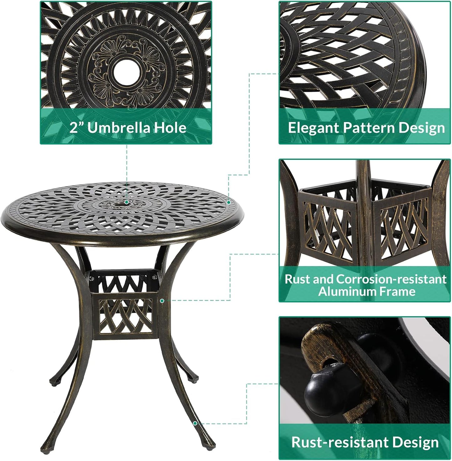 VIVIJASON 3-Piece Patio Bistro Set, All-Weather Cast Aluminum Outdoor Furniture Dining Set, Include 2 Cushioned Chairs and 31" Round Table w/Umbrella Hole for Balcony, Lawn, Backyard, Red Cushion