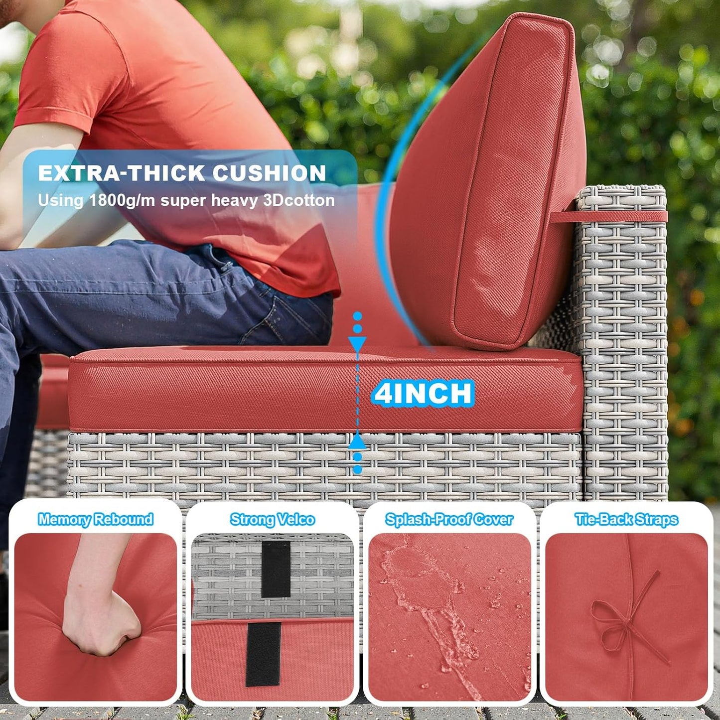 14-Piece Patio Furniture Set, Outdoor Sectional with Thick Cushions, Modular Patio Sofa, Dual-Strand Wicker Rattan, Rust-Resistant Frame, Backyard Furniture for Garden, Deck, Red