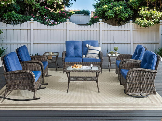 HUMMUH Patio Furniture 7-Piece Outdoor Conversation Set,All-Weather PE Wicker Loveseat Swivel and Rocking Chairs,Tables for Backyard,Poolside,Deck