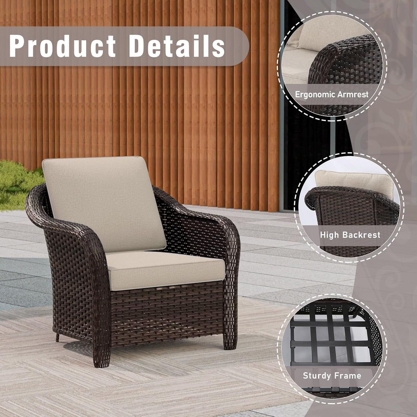 Outdoor Wicker Chair Set of 2, All-Weather Use Patio Rattan Chair with Seat and Back Cushion, Ideal for Porch, Backyard, Balcony, Poolside, Beige
