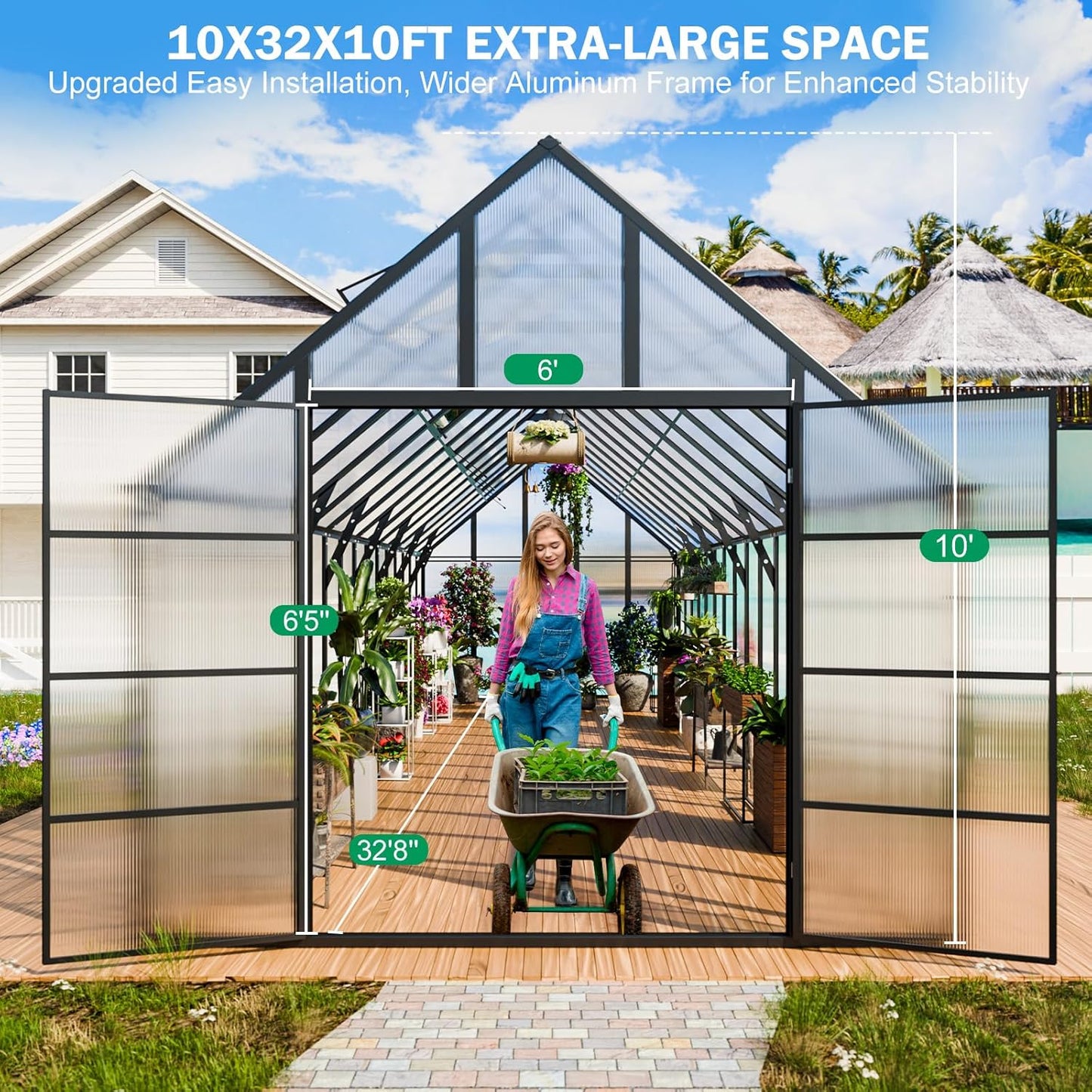 CDCASA 10x32 FT Greenhouse for Outdoors,Large Easy Assembly Thicker Aluminum Polycarbonate Greenhouses w/7 Windows, Double Door, Walk-in Green House for Outside,Patio,Backyard,Garden