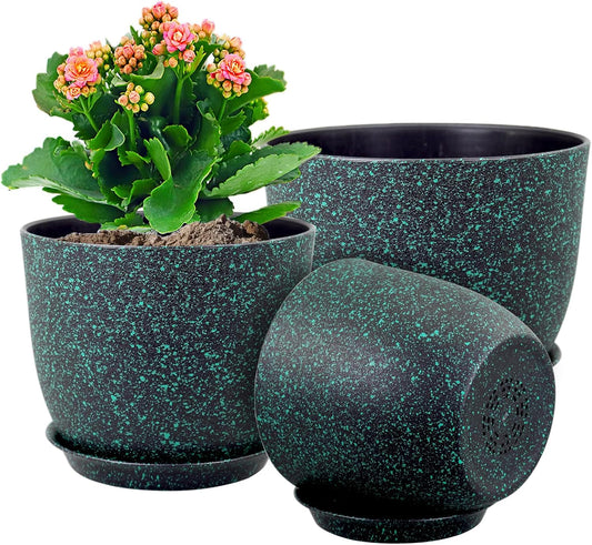 Large Flower Pots 12/10/9 inch, Set of 3 Decorative Plastic Planters with Drainage Holes and Saucers for Garden House Plants, Plant Pots for Indoor Outdoor Plants, Black with Green Speckles
