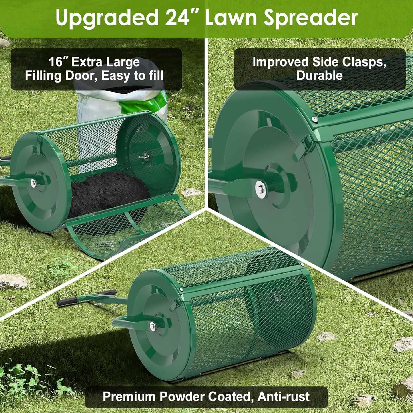 Seeutek Compost Spreader - 24" Peat Moss Spreader with 3 Heights, Top Soil Spreader W/Upgraded Side Latches Support Rod Powder Coated Metal Mesh Top Dressing Spreader for Lawn, 2 Way Uses-Push or Tow