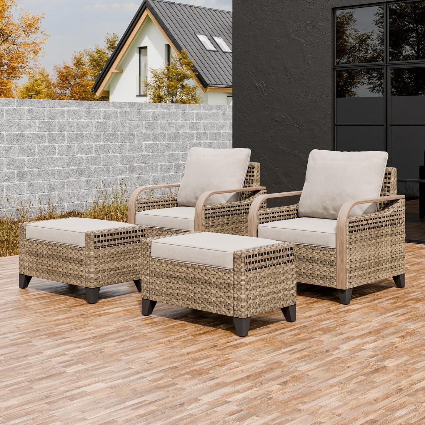 EAGLE PEAK Modern Wicker Outdoor Chair, Patio Chair Curved Armrest, Rattan Patio Furniture for Yard Deck Porch Garden, 2 Chairs 2 Ottomans, 4 Pieces, Brown/Gray