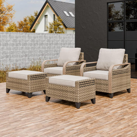 EAGLE PEAK Modern Wicker Outdoor Chair, Patio Chair Curved Armrest, Rattan Patio Furniture for Yard Deck Porch Garden, 2 Chairs 2 Ottomans, 4 Pieces, Brown/Gray