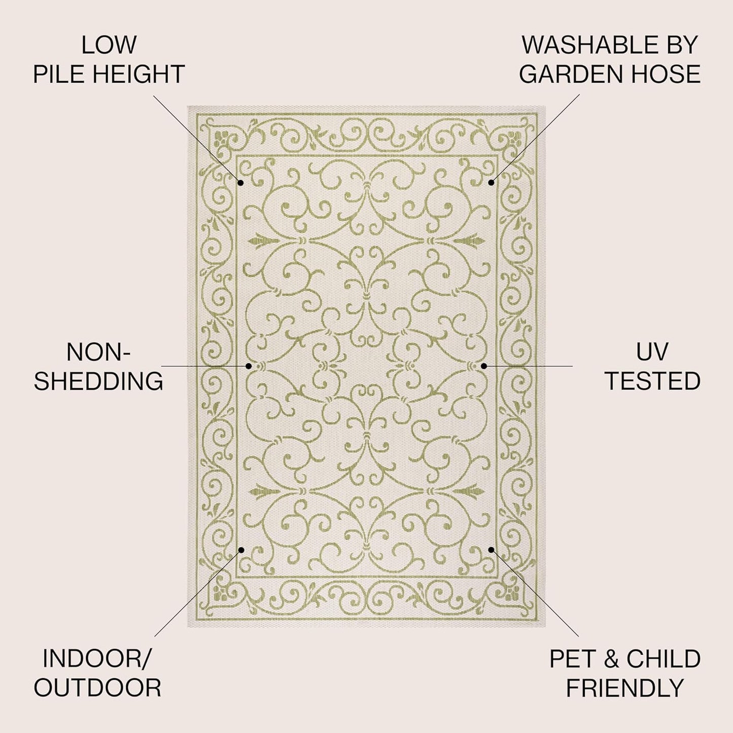 JONATHAN Y SMB106I-4 Charleston Vintage Filigree Textured Weave Indoor Outdoor Area Rug, Coastal,Traditional,Transitional Easy Clean,Bedroom,Kitchen,Backyard,Patio, Non-Shed, Cream/Green, 4 X 6