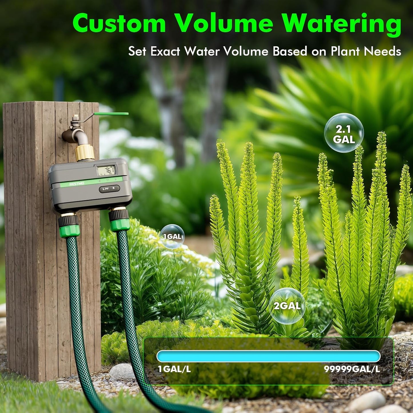 RESTMO Smart Sprinkler Timer with Flow Meter, 2 Zone Water Timer for Garden Hose, Brass Inlet & Outlet, Automatic Lawn & Yard Irrigation Watering System, APP Remote Control (RF Hub + WiFi Connection)