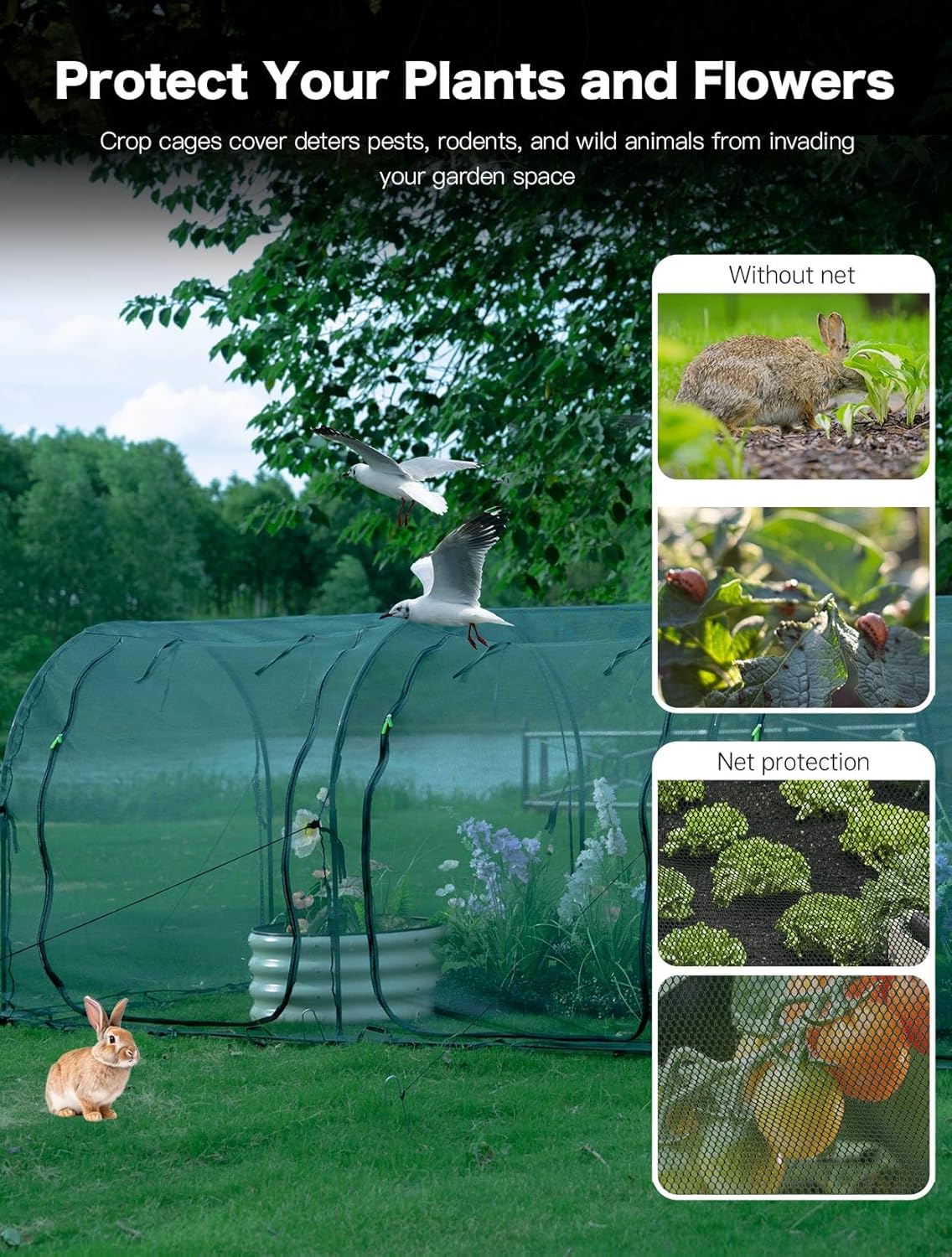 Poray Large 12.3X4FT Tunnel Plant Netting Cover,4.1FT Tall Crop Cage Tomato Netting for Vegetables&Fruits,Durable Gardening Net for Plant and Animals