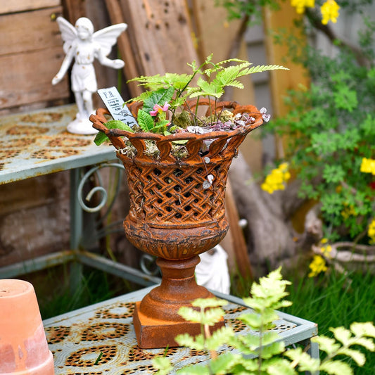 Sungmor Heavy Duty Cast Iron Urn Planter, Beautiful Hollow Trophy Design Tall Orchid Flower Pot, Large Decorative Plastic Flowers Plants Bouquets Vase, Rustic French Country Pot for Home or Garden