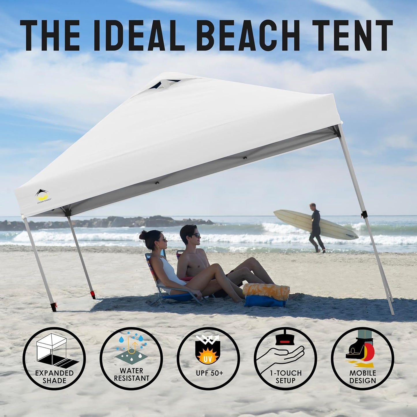 CROWN SHADES 10x10 Pop Up Canopy - Beach Tent with One Push Setup - Easy Outdoor Sun Shade for Events, Parties, Camping - Gazebo with STO-N-Go Cover Bag, Silver Coated Top, Grid White