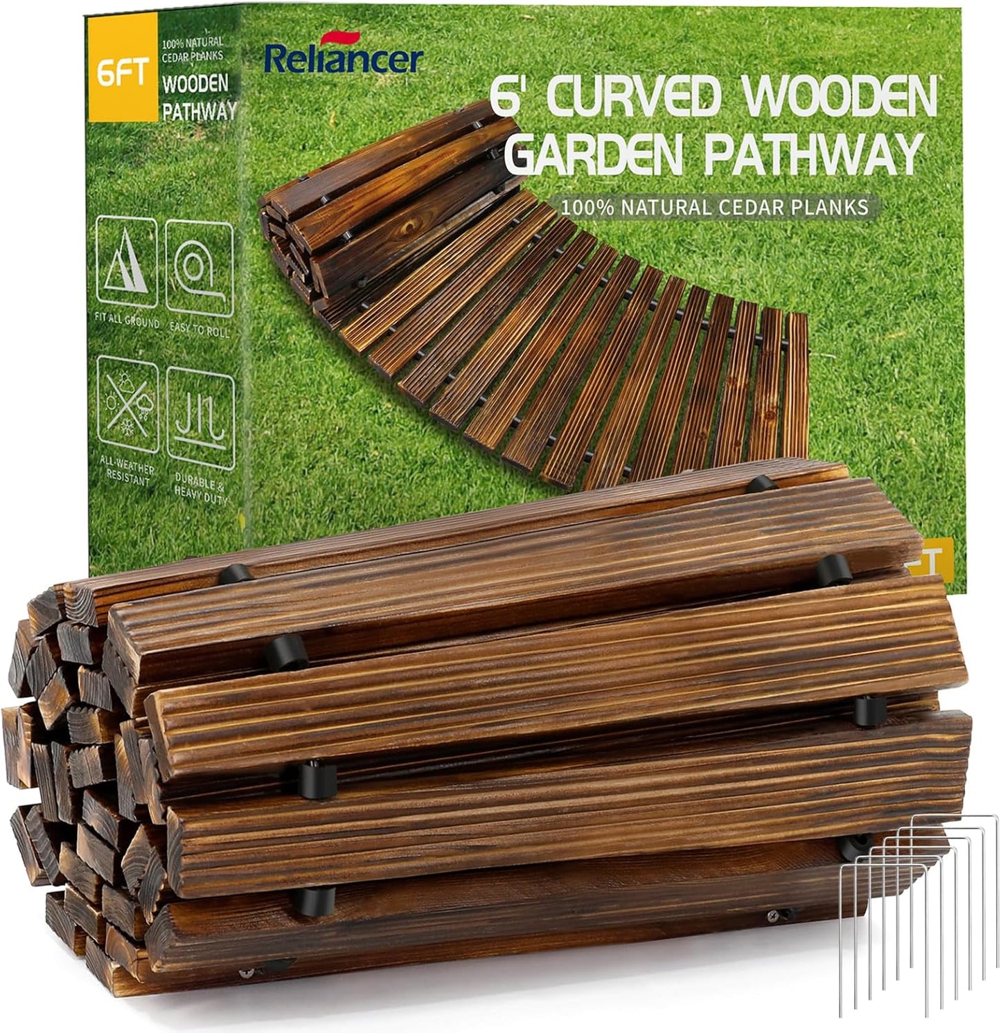 RELIANCER 6' Wooden Garden Pathway,Outdoor Roll Out Cedar Curved Walkway,Patio Path Decorative Garden Boardwalk Walkways,Weather-Resistant Roll Up Beach Wood Road Floor,Wedding Party Pathways