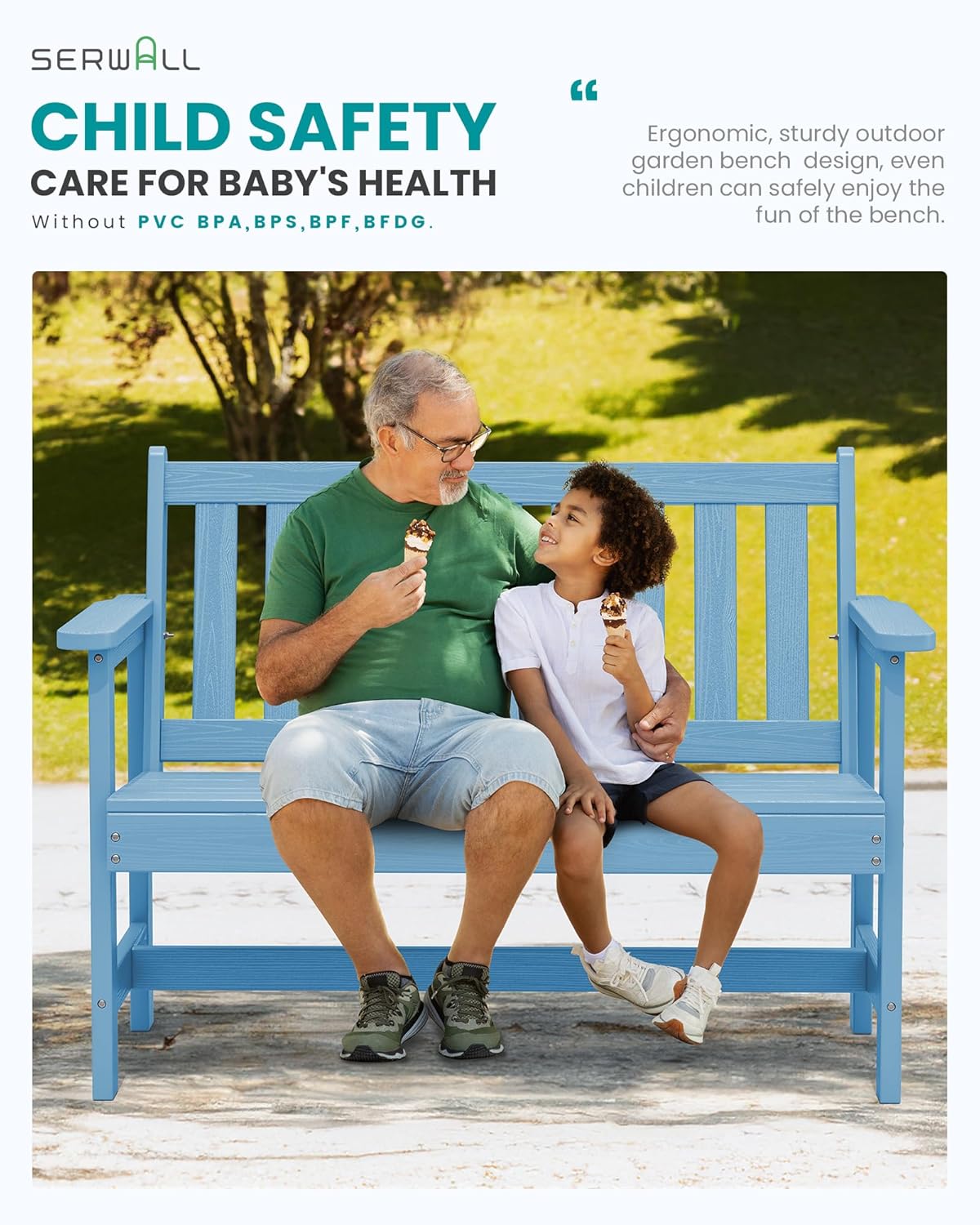 SERWALL Outdoor Bench, HDPE Outdoor Benches Weatherproof, 2-Person Garden Bench with 660 lbs Weight Capacity, Patio Benches for Outdoors, Garden, Porch, Backyard and Park, Light Blue, 6 Pack