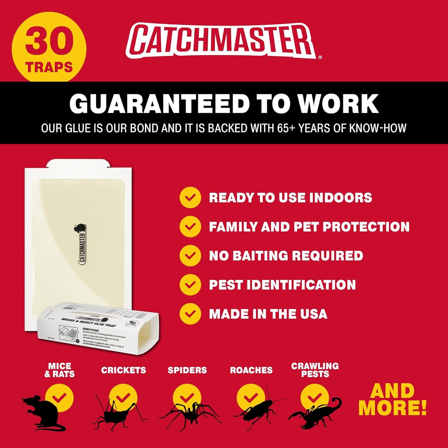 Catchmaster Mouse & Insect Super Glue Traps 30PK, Mouse Traps Indoor for Home, Extra Strength Sticky Pest Control Adhesive Tray for Catching Bugs, Rats & Rodents, Non Toxic Bulk Pre-Baited Glue Boards