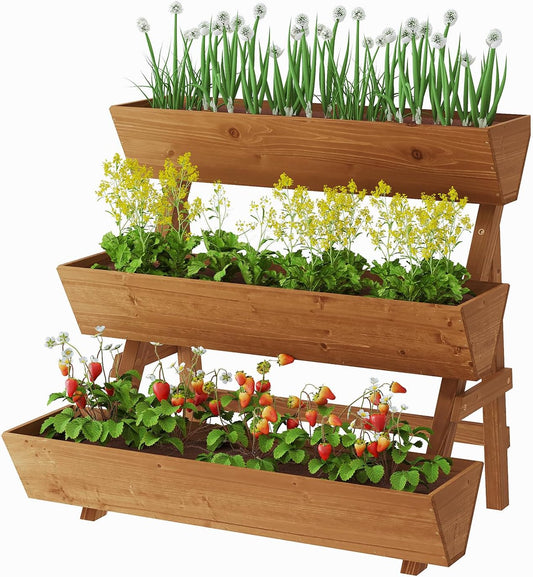3-Tiers Wooden Raised Garden Bed Tiered Planter Box Vertical Garden Planter Wood Plant Stand for Patio, Balcony, Freestanding. (Brown L)