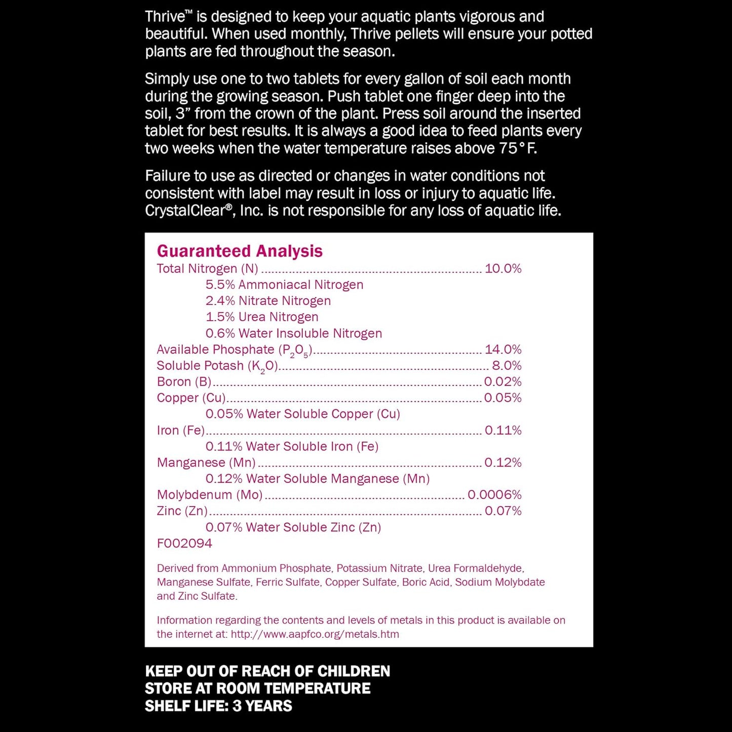 CrystalClear Thrive Aquatic Pond Plant Food, Fish Safe Water Garden Fertilizer, Nutrients Boost Lily & Lotus Flower Bloom & Root Growth, 60 Tablets