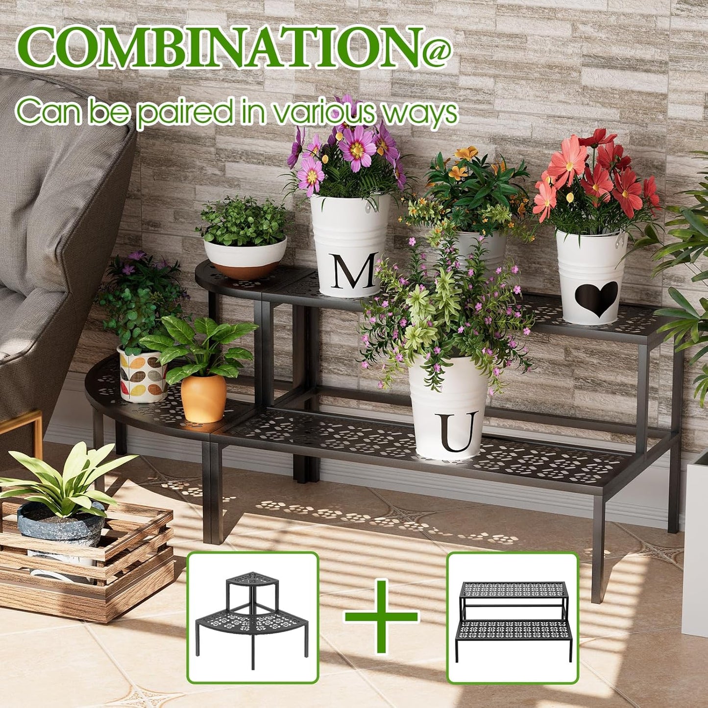 aboxoo 2 Tier Plant Stand Flower Pot Rack for Patio,Metal Stair-Step Style Corner Shelf Planters,Hevay Duty Plant Stand,Quarter Round Display Holder for Indoor Outdoor Use(Black)