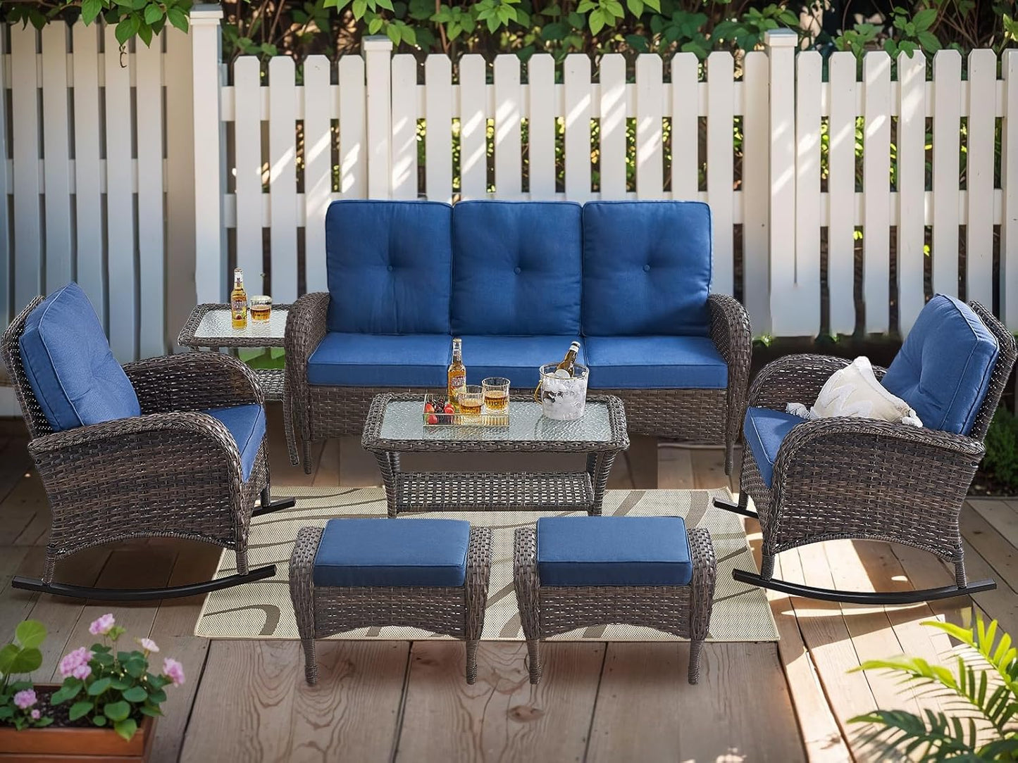 HUMMUH 7-Piece Outdoor Patio Furniture PE Wicker Patio Conversation Set,High Back Patio Couch with Ottomans Outdoor Rocking Chairs with Tables for Backyard,Porch,Deck