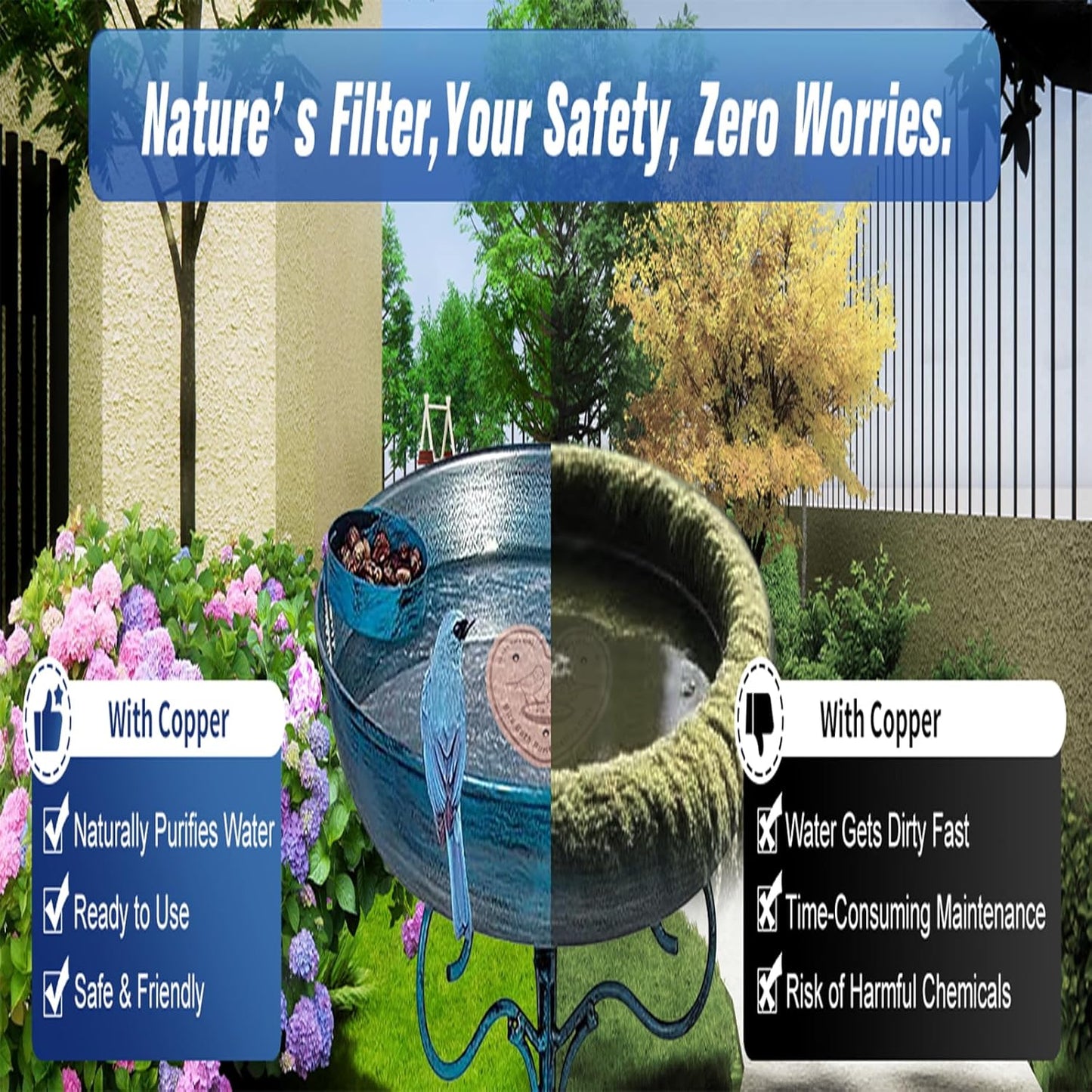 4-Pack 99.99% Pure Copper Bird Bath Purification Disk,Copper Disc with Stable Triple-Point Support,Fits All Outdoor Bird Baths(Heart-Shaped)