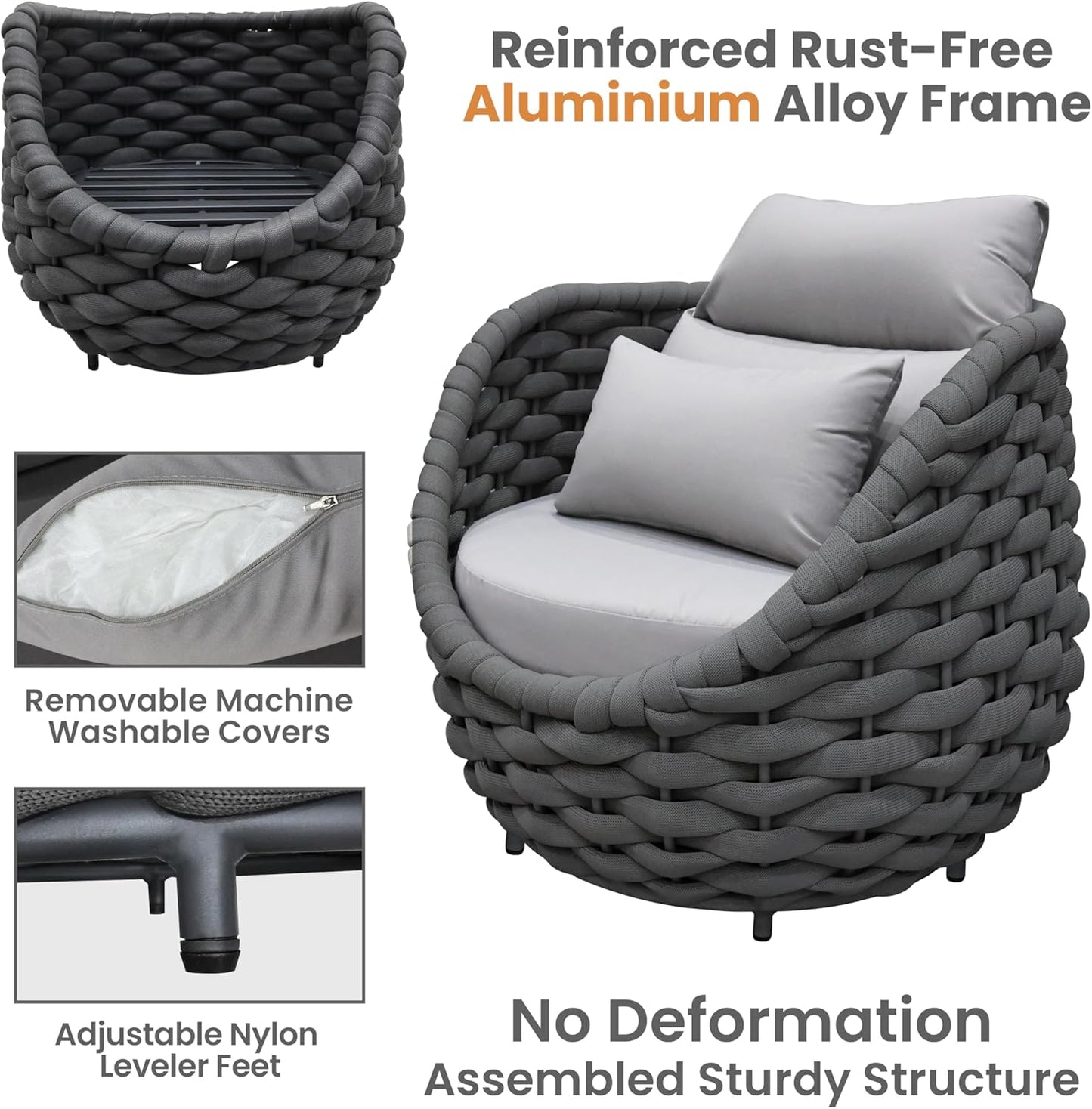 4 Pieces Assembled Patio Conversation Sets, Aluminum Outdoor Furniture Sofa Set - Modern Cushioned Set Hand Woven Rope Couch Armchair Set for 4 - All Weather for Indoor Deck Porch Backyard Hotel