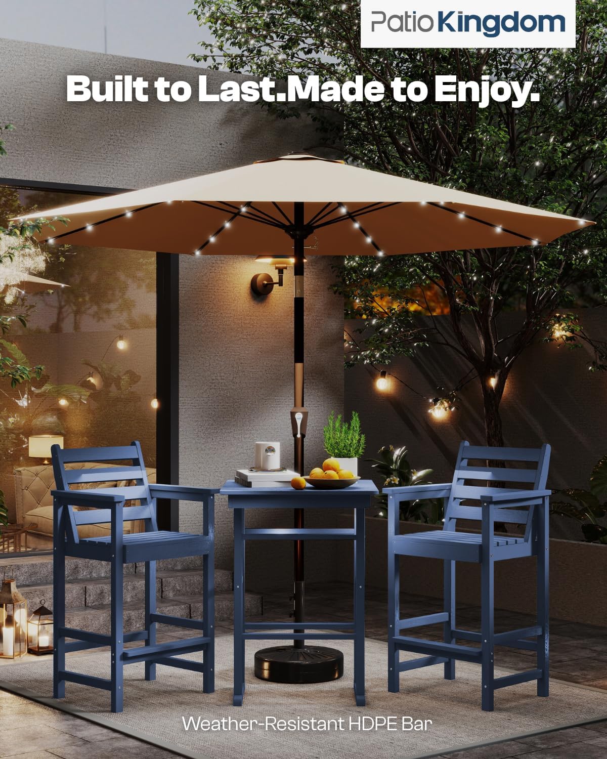 Outdoor Bar Set, 3-Piece HDPE Balcony Set with 2 Tall Adirondack Chairs and Bar Table, All-Weather Bar Height Stools for Patio, Backyard, Poolside (Navy Blue)