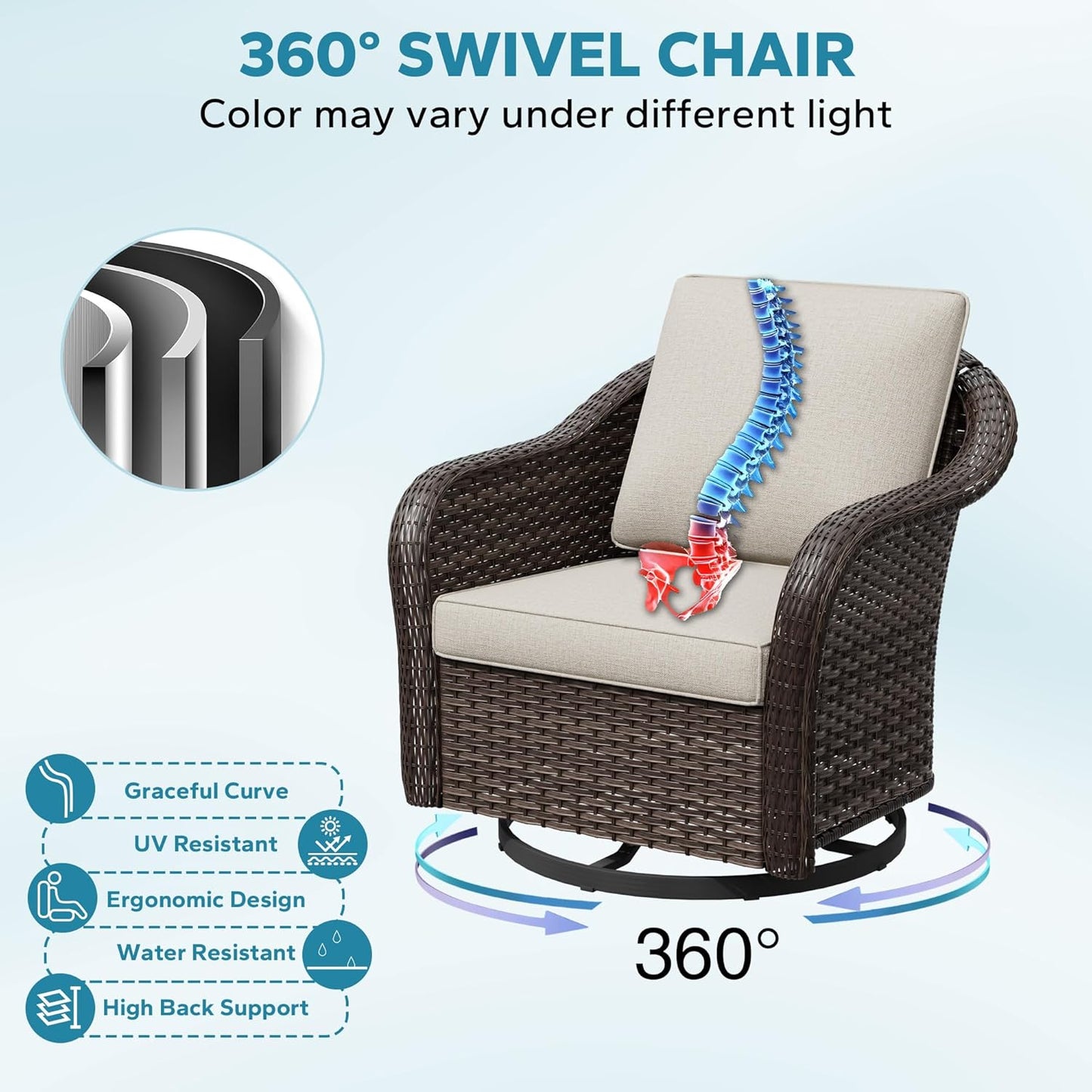 3 Pieces Patio Conversation Set, 55" Sofa with Washable Cushions, Wicker 360 Degree Swivel Glider Rocker Chairs, Wicker 2-Seat Couch for Garden, Lawn (Beige)