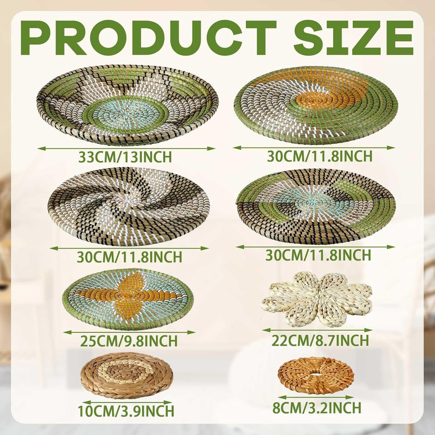 Tatuo 11 Pcs Boho Wall Basket Decor Decorative Bulrush Woven Basket Wall Decor Art Round Farmhouse Hanging Baskets for Kitchen Rustic Home Summer Decorations, Multi Sizes(Stylish)