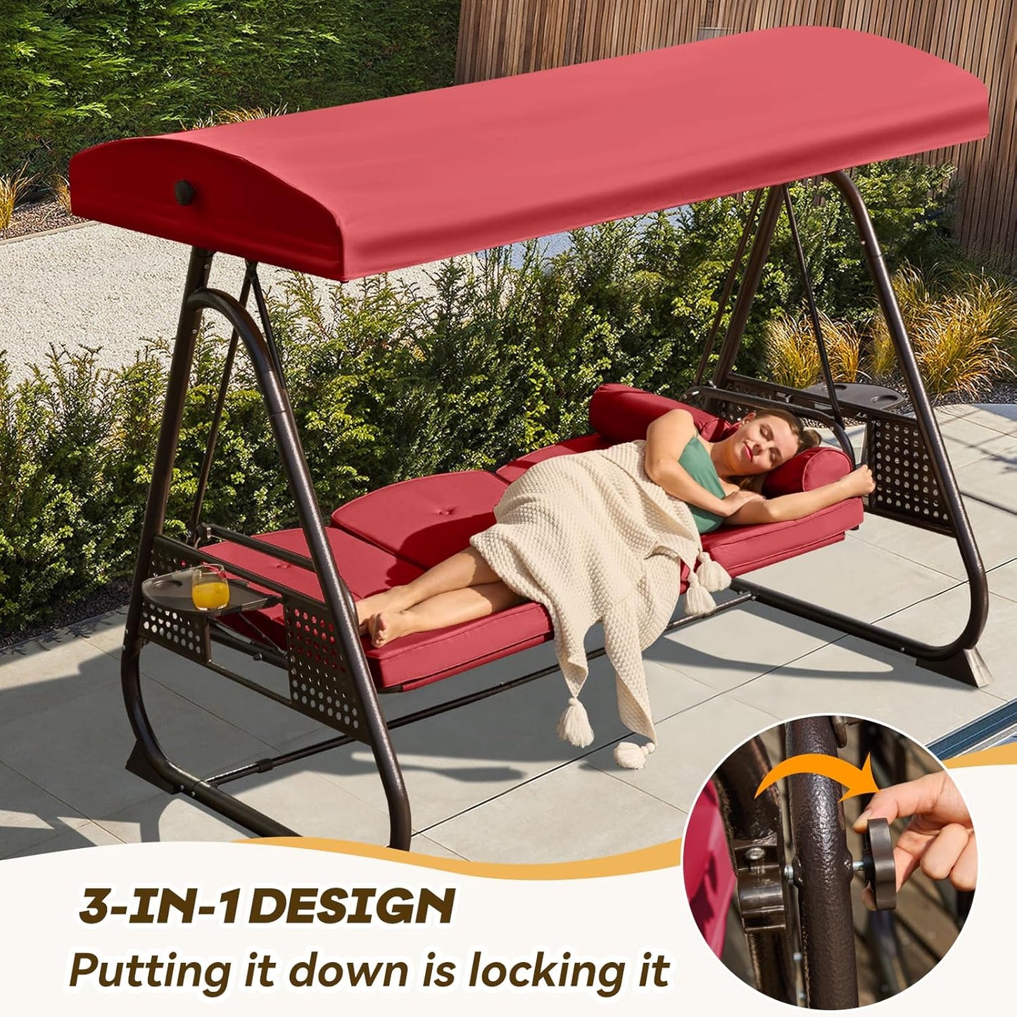 3 in 1 Outdoor Porch Swing with Adjustable Canopy, 3 Seat Outdoor Swing for Adults, Patio Swing Chair with Thickened Cushions,Pillows & Cup Holders for Backyard, Porch, Garden (Wine Red)
