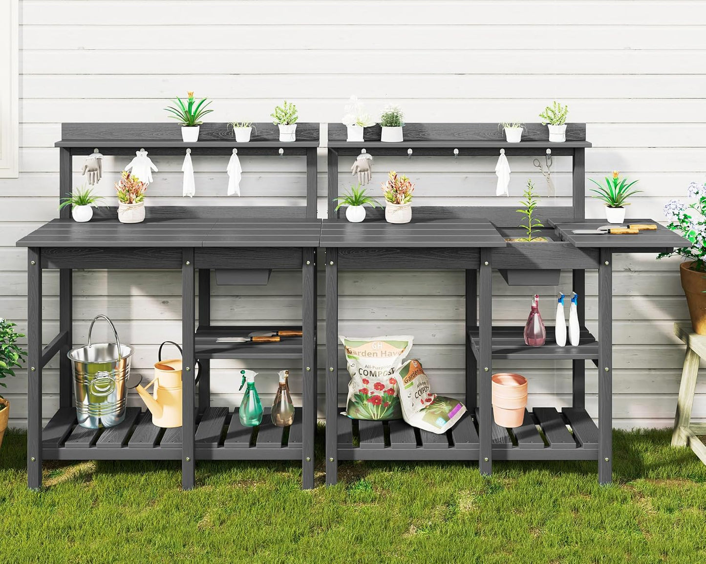 SERWALL Potting Bench Set of 2 Outdoor Potting Table with Sink, HDPE Potting Benches for Outside Gardening Table All Weather Use- Gray