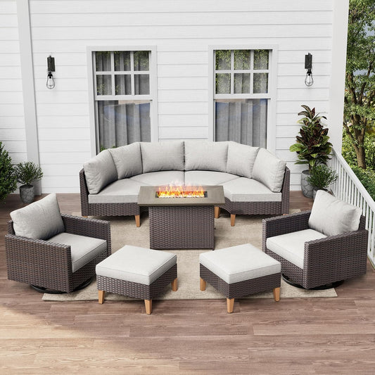 HUMMUH Patio Furniture Set with Fire Pit Table,Outdoor Sectional Couches Swivel Patio Chairs and Ottomans,All Weather PE Wicker 11 Pieces Patio Conversation Sets for Garden Porch Backyard in Beige