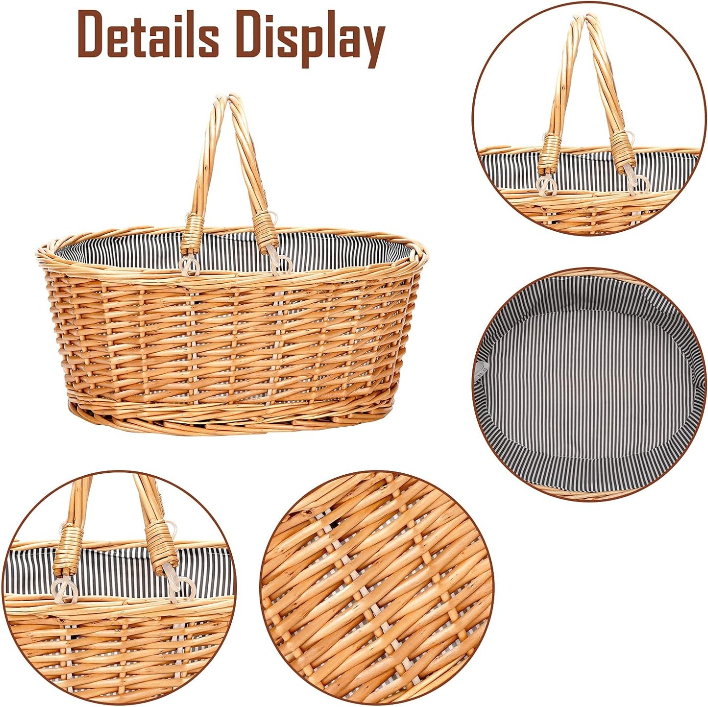Wicker Picnic Basket with Double Folding Handles, Natural Large Willow Hamper Empty Basket Cheap Easter Eggs Candy Storage Wine Basket for Toy, Flower, Wedding（Grey 16inch）