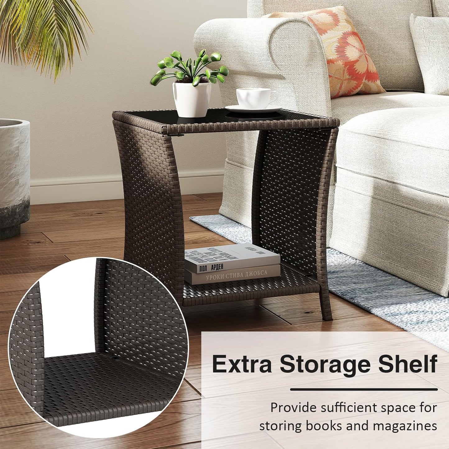 Outdoor Small Patio Table - PE Rattan Coffee Table, Wicker Side Table for Patio, Balcony & Porch, Durable & Iron Frame (2, Sesame)