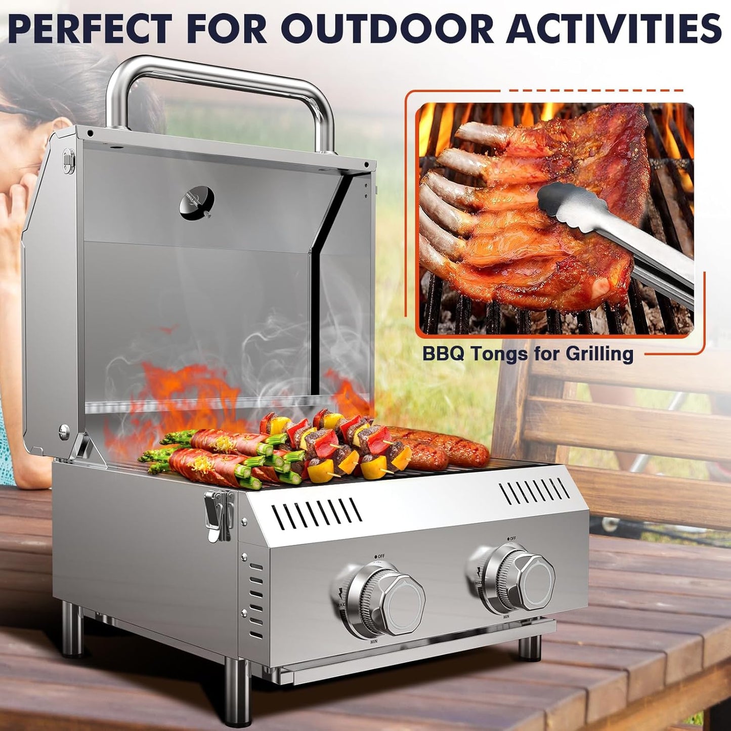 Llamaviva 2 Burners Tabletop Gas Grill, 20,000 BTUs Portable Stainless Steel Propane Grill with Legs for Tailgating, Outdoor Patio Backyard Camping, and RV Trips - food clip