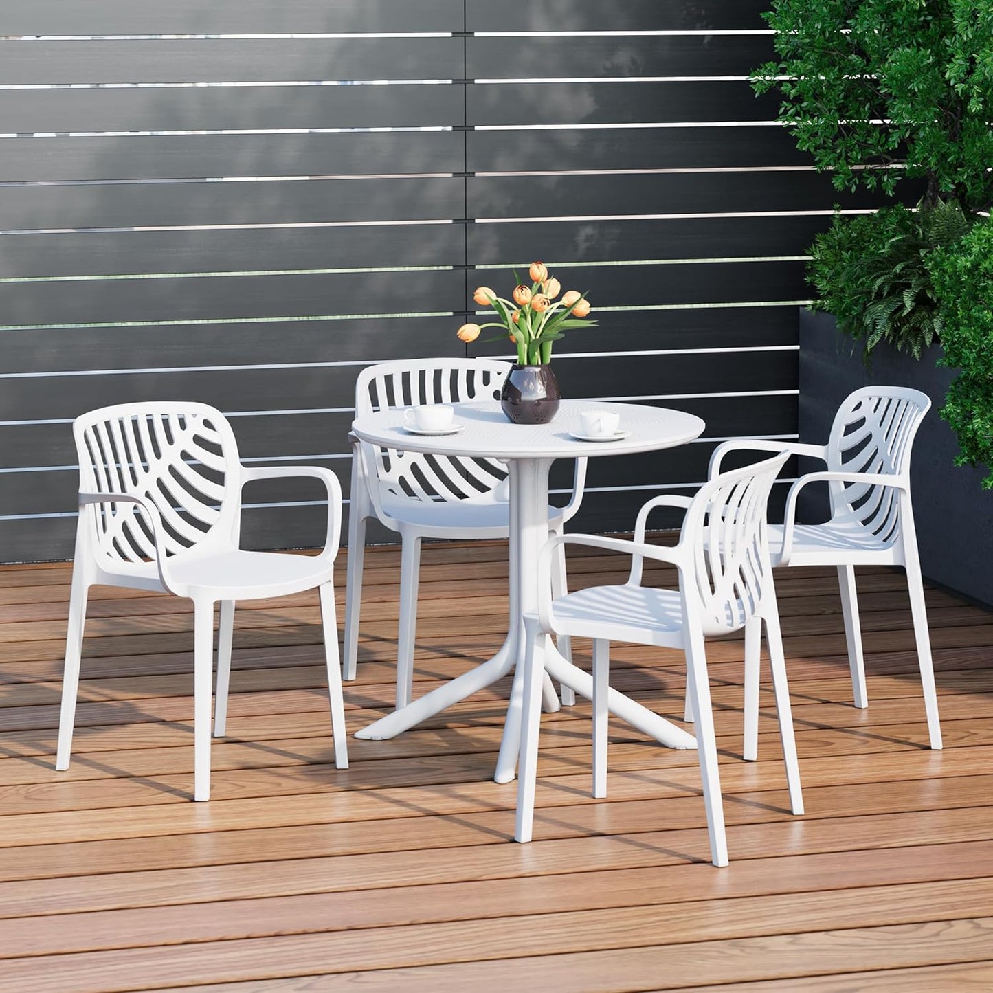 4 Person Dining Table Set, HDPE Patio Round Dining Table and Stackable Chair, Kitchen & Dining Room Sets All Weather for Backyard Porch Poolside, White