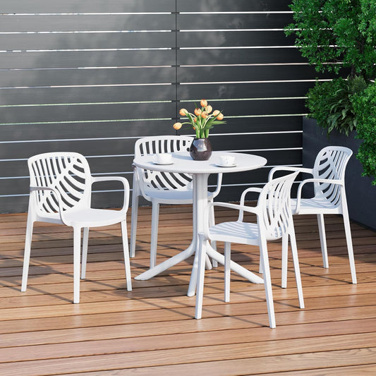 4 Person Dining Table Set, HDPE Patio Round Dining Table and Stackable Chair, Kitchen & Dining Room Sets All Weather for Backyard Porch Poolside, White