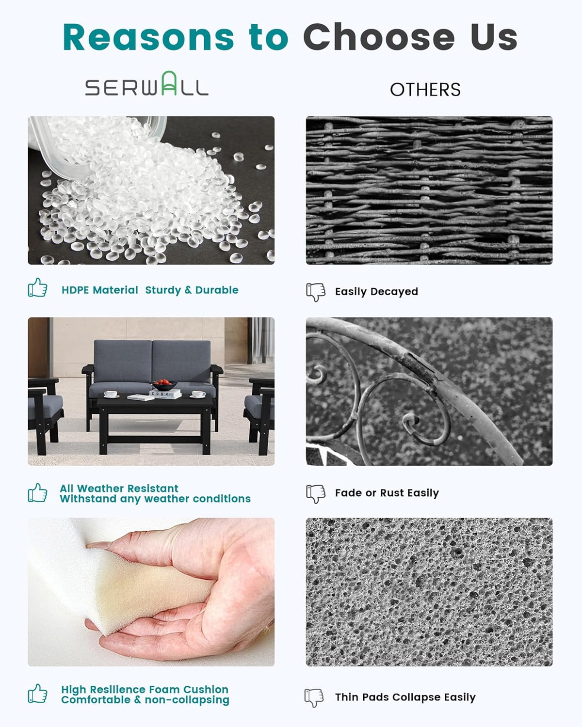 SERWALL HDPE Outdoor Couch, Black Frame and Grey Cushion