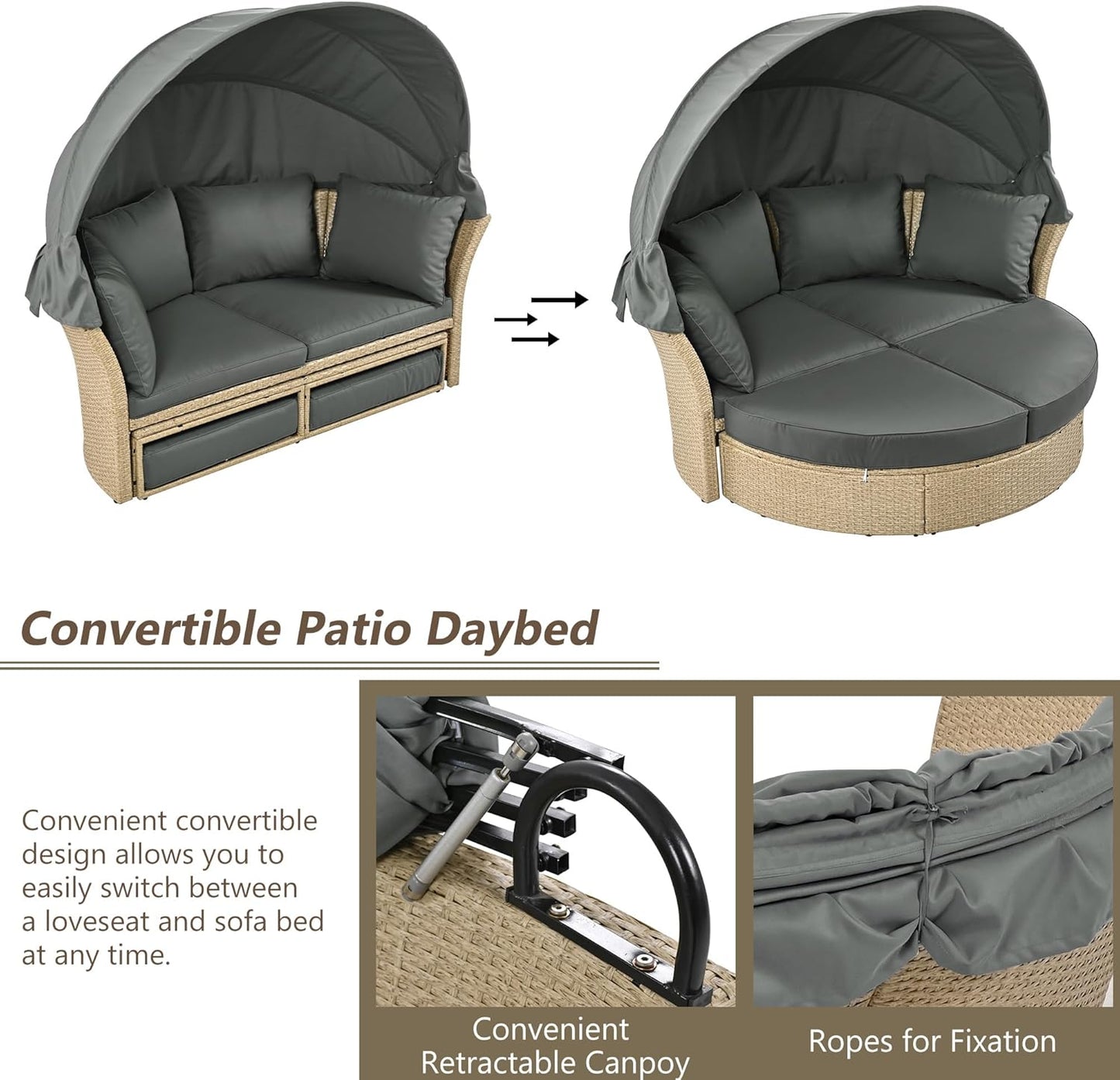 kevinplus Round Outdoor Daybed Patio Sunbed, Convertible Wicker Rattan Outdoor Daybed Sunbed with Retractable Canopy for Garden Backyard Porch Poolside, Gray