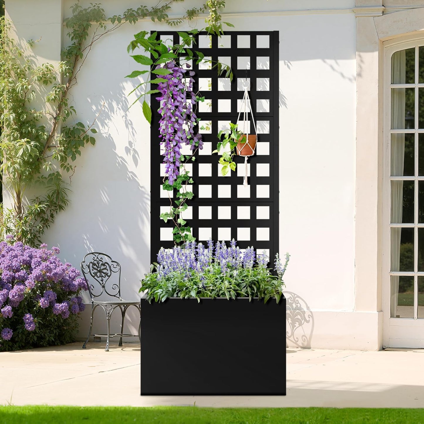 Metal Planter Box with Trellis, Heavy-Duty Raised Garden Bed for Climbing Plants, Drainage Hole, Outdoor Planter Box with Privacy Screen，24''L×12''W×63''H