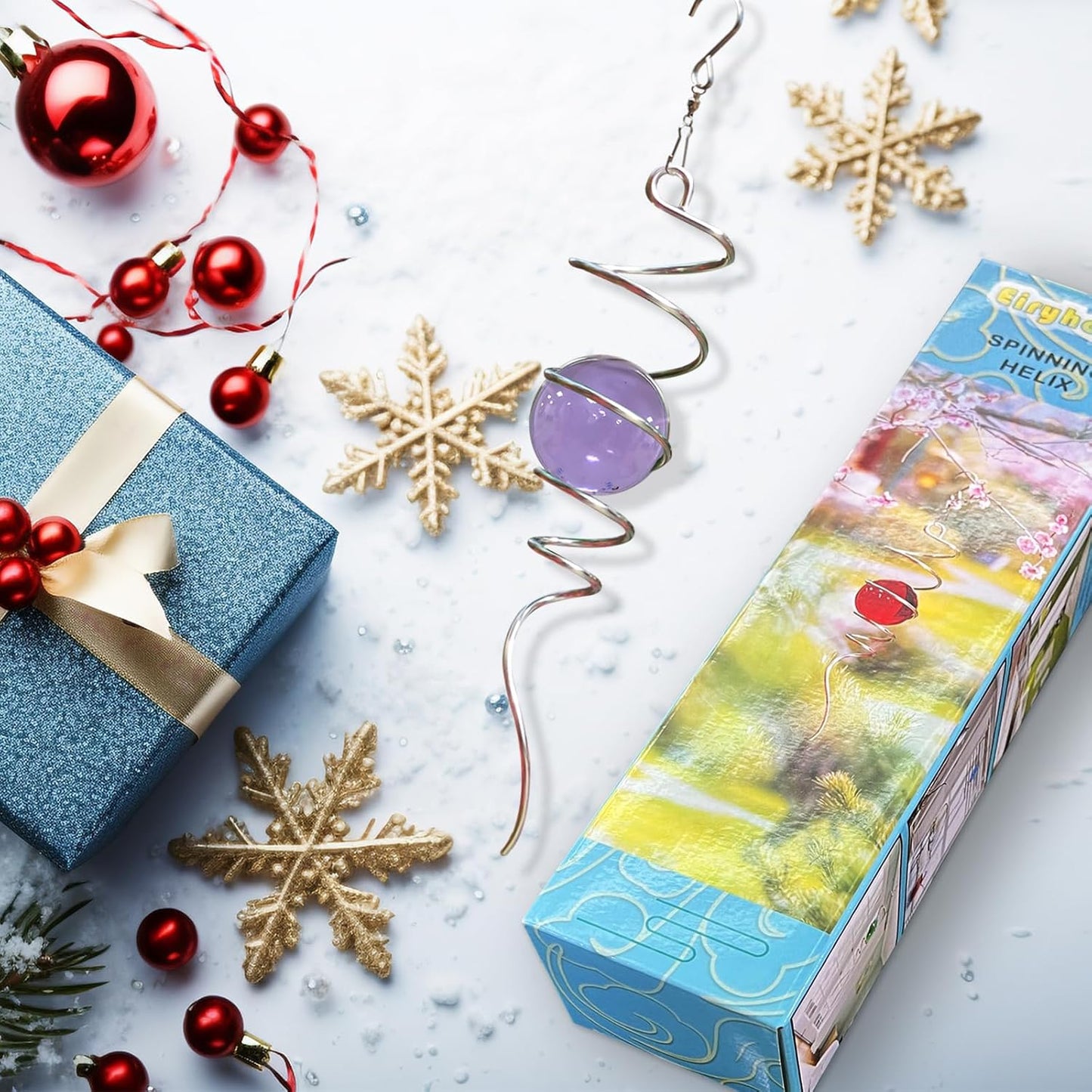 Gazing Ball Spiral Tail, Wind Spinner Stabilizer with Purple Glass Orb | 13-Inch Sun Catcher Rainbow Maker, Mesmerizing Rotating Art for Outdoor Garden Yard | Unique Hanging Decor & Gift